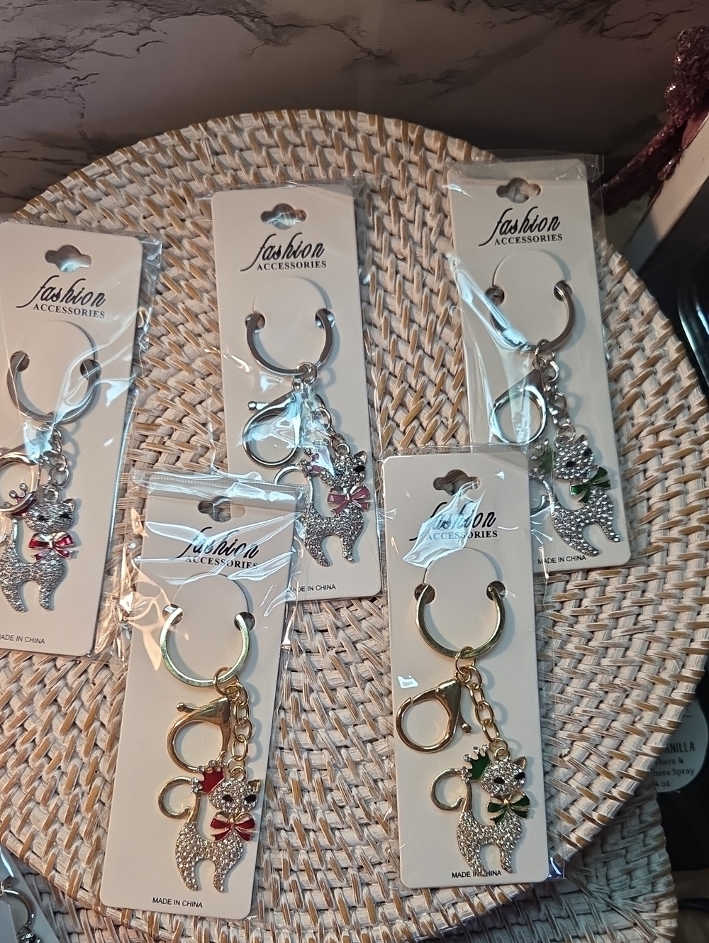 5 For 25 Rhinestone  Queen Cat Keychain with Bow - Silver and Gold
